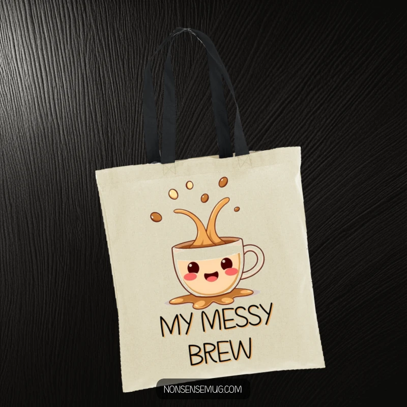 Funny tote bag illustration of a coffee cup spilling with glee, great for carrying daily items with a dose of lighthearted fun.
