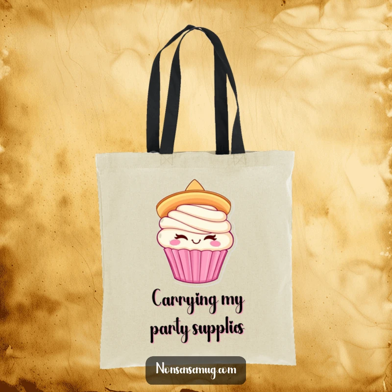 Funny Cupcake Sombrero Tote Bag: Winking cupcake with sombrero, perfect for carrying fun and festive humor.