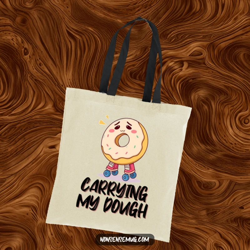 Funny donut tote bag showing a confused donut attempting to put on roller skates, a humorous accessory for daily use.