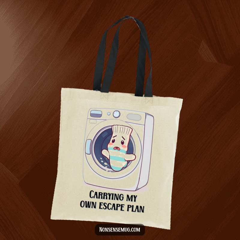 Funny sock escaping a washing machine on a durable tote bag, showcasing laundry day chaos. A comical and practical funny gift.