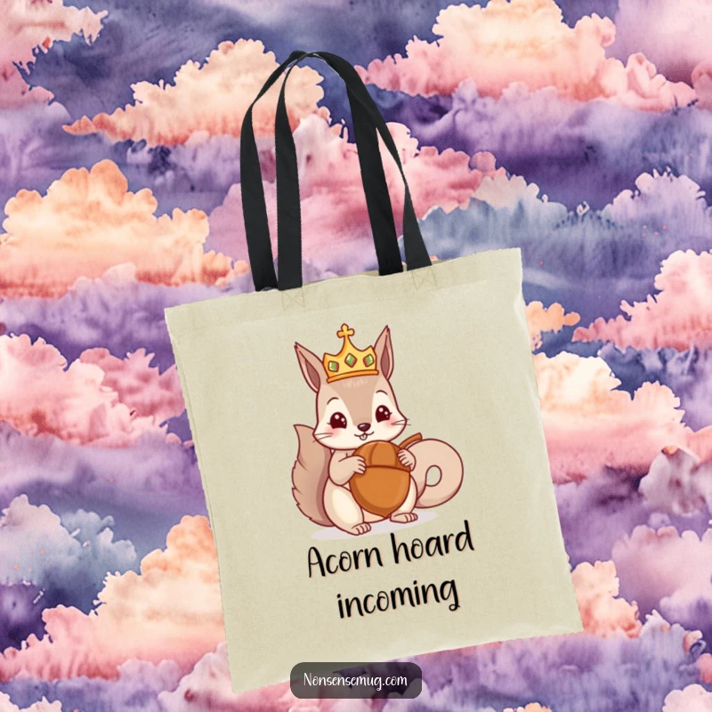 Funny tote bag with a crowned squirrel receiving a giant acorn, perfect for carrying essentials with a touch of regal humor, great funny gift.