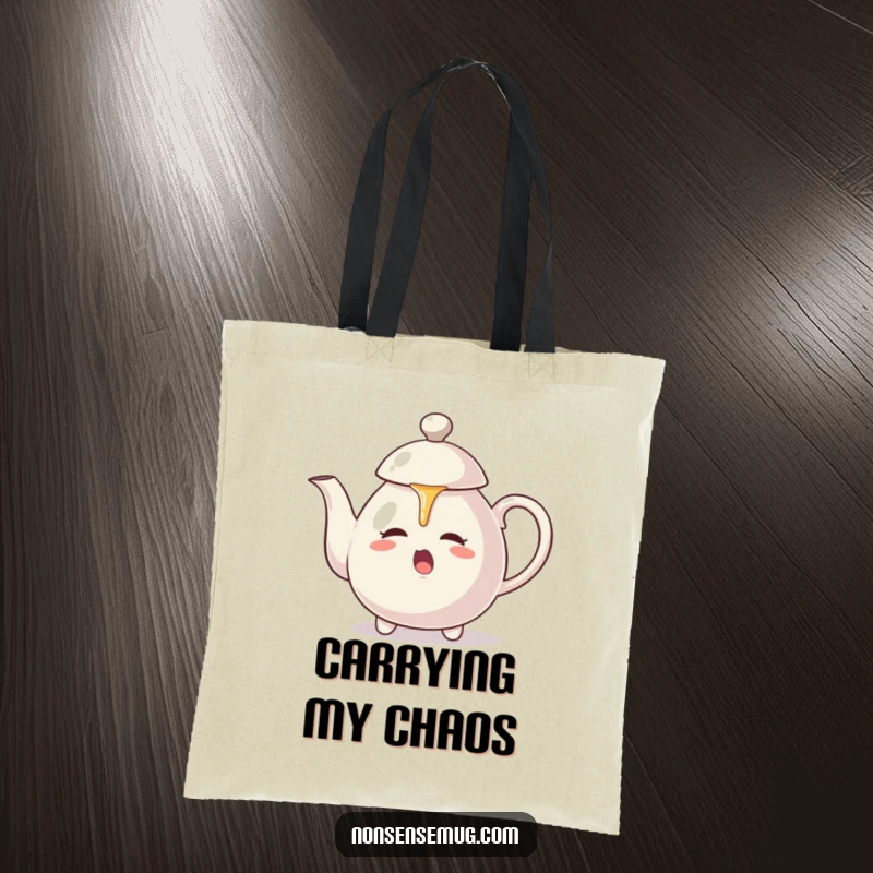 Funny tote bag: A teapot aggressively pours tea onto its own lid, a comical and self-contained tea party.