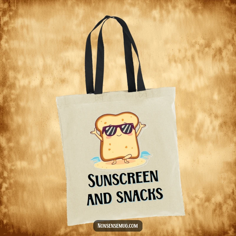 Funny slice of toast in sunglasses doing a yoga pose on a beach, on a stylish tote bag.