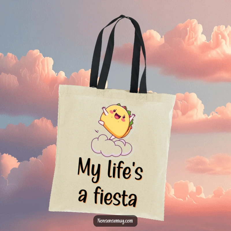 Funny tote bag depicting a playful taco performing a backflip off a cloud, a fun and humorous accessory.