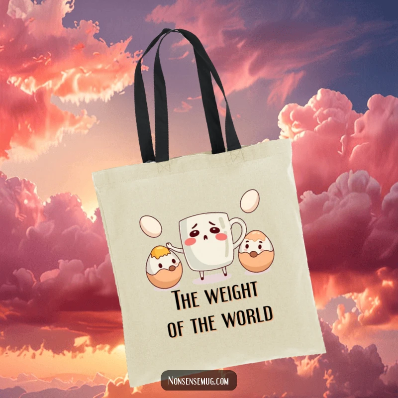 Funny tote bag depicting a bewildered coffee mug attempting to juggle eggs, a charming and humorous everyday item.
